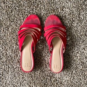 Red strap heeled sandals. 1 inch heel height
